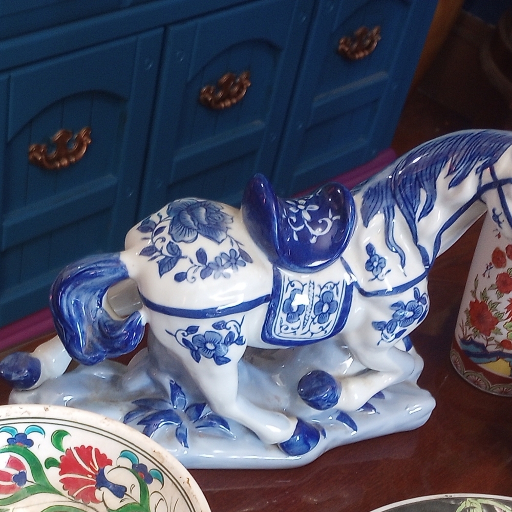 Blue and White Ceramic Horse Figurine